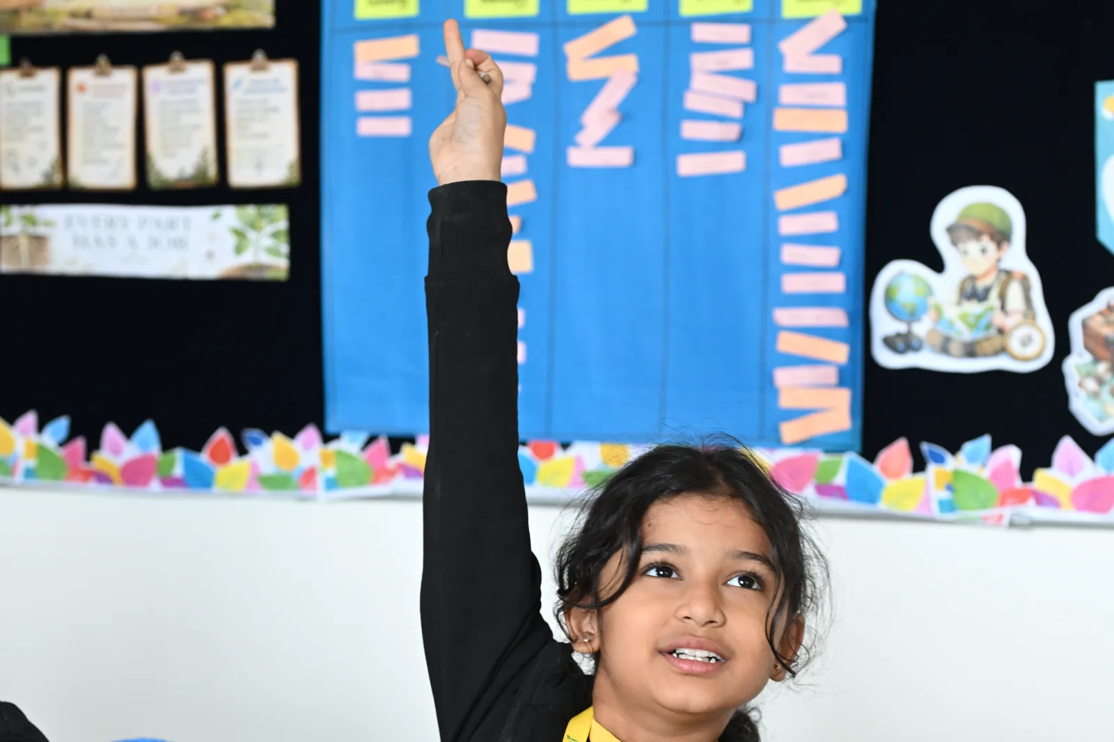 A student with her hand up at her desk, the classroom thinking-skills board behind her filled with the class’s own cards